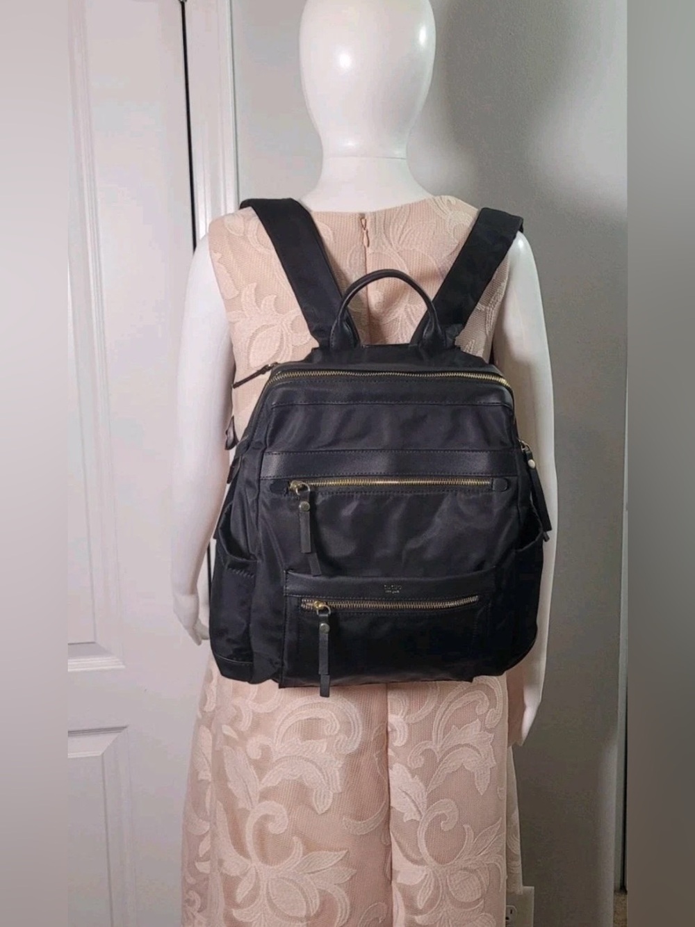 Tutilo Boost Backpack Black Nylon Vegan Leather Trim Laptop Bag - Picture 3 of 16